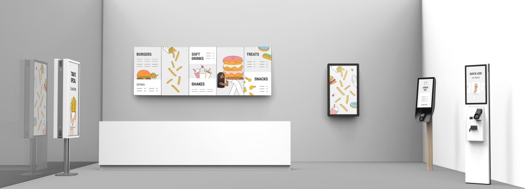 Render of Coates' in-restaurant digital signage solutions from an In-Window Display, digital menu board and self service kiosks.