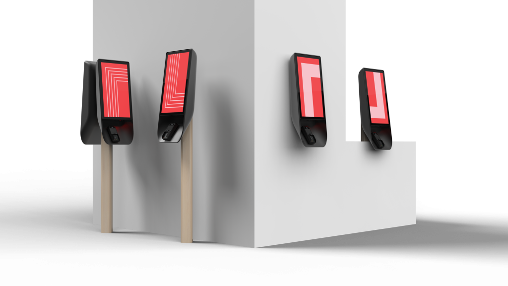 In restaurant self-service kiosk options with Coates logo - Side view in red.